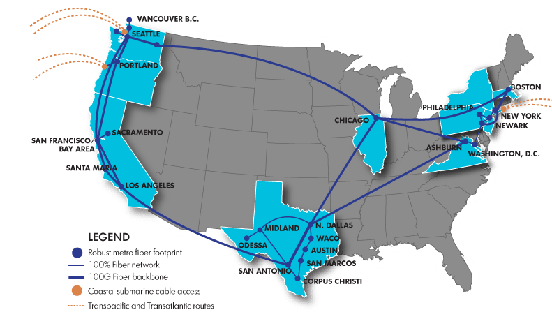 Map of United States showing Wave Wholesale 22,000 route miles.